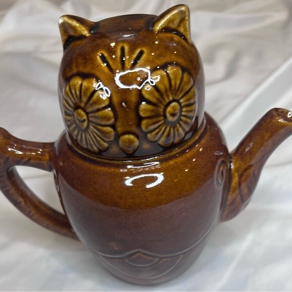 Vintage Boho Owl Teapot Brown Glazed Ceramic 70s Owl 1 Cup w/ Lid 5 3/4" Tall - Picture 2 of 11